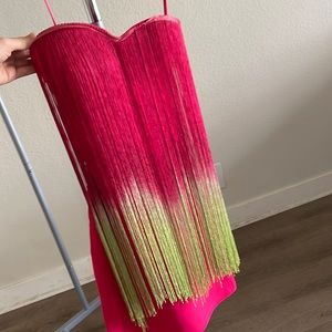 Rare London Dip Dye Fringe Strapless Dress Hot Pink/Green Extra Small XS